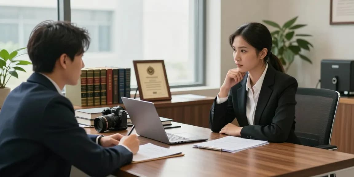 Criminal lawyer sharing insights at yahoo during a client consultation in a modern office.
