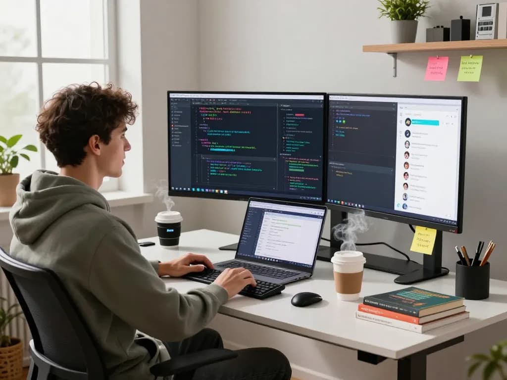 Developer interacting with clawd bot in a modern tech workspace.