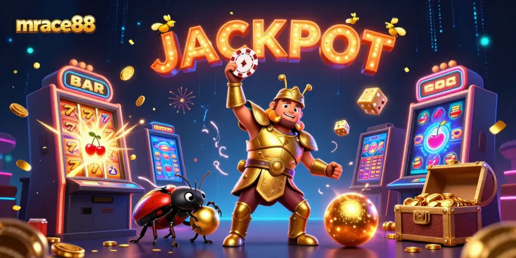 mrace88 celebrates winning moments with fun characters lifting poker chips and showcasing excitement.