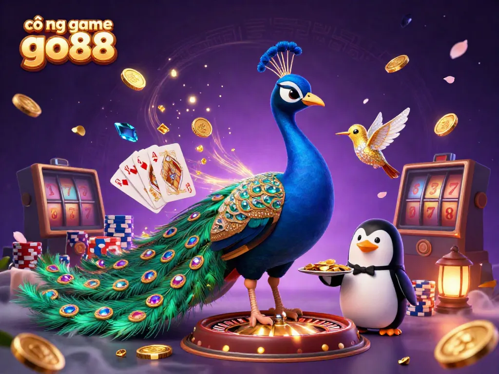 Experience excitement at cổng game go88 with vibrant casino characters amidst golden coins and games.