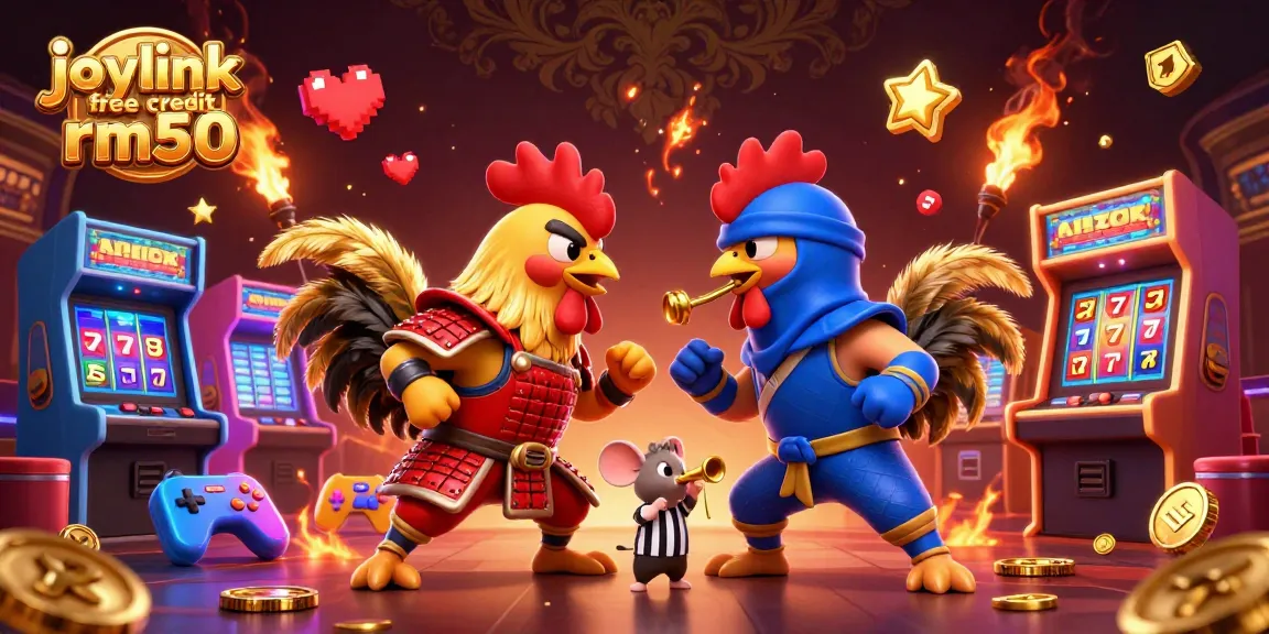 Engage with joylink free credit rm50 in a vibrant 3D casino showdown featuring armored roosters.