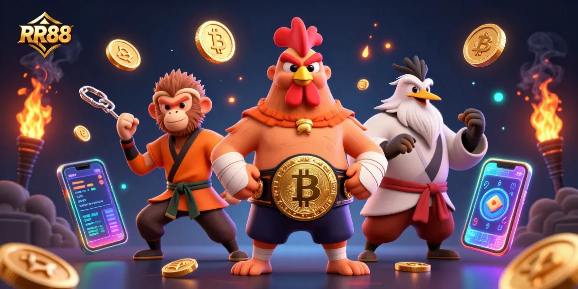 Experience the excitement of RR88 with a vibrant illustration showcasing unique characters and crypto elements.