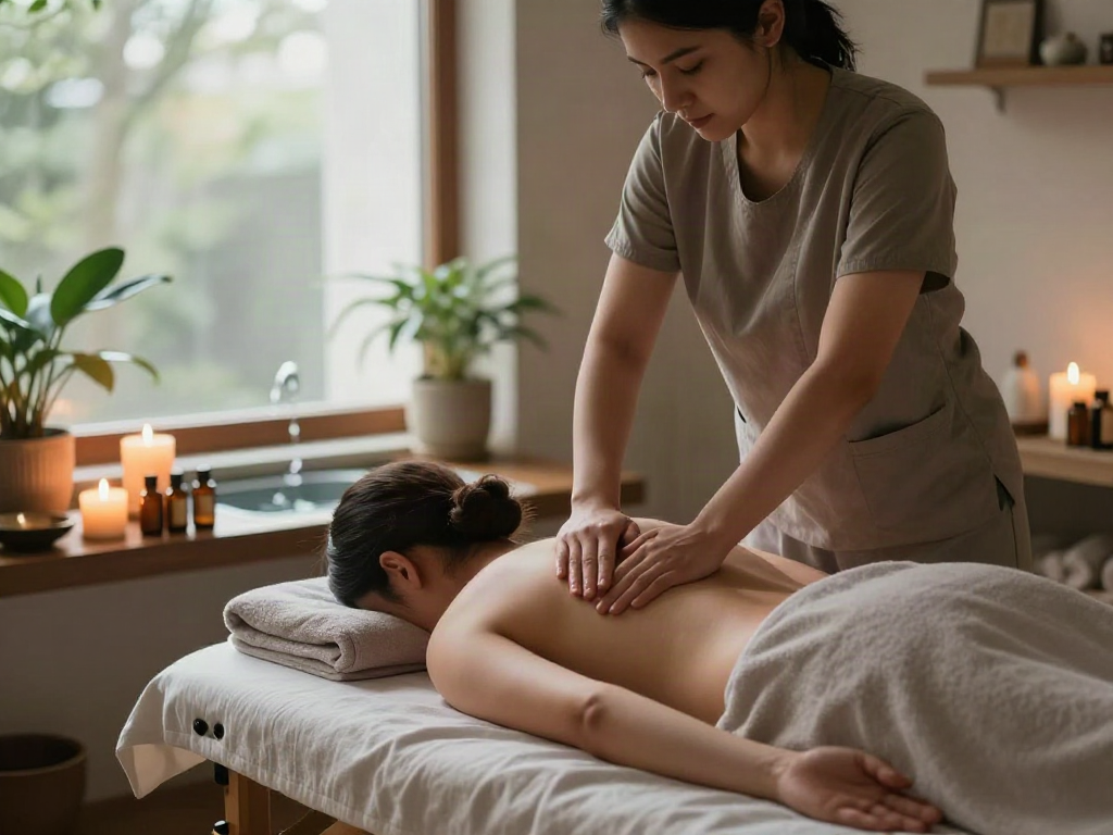 Heavenly 천호출장안마 session in a calming wellness studio with candles and plants