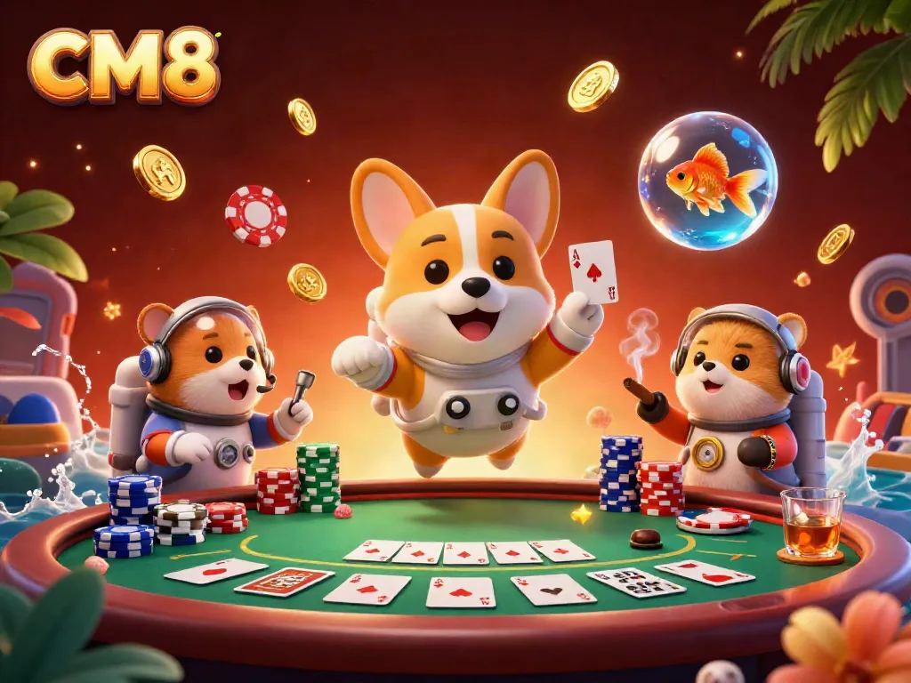 3D casino scene featuring CM8 with a floating corgi astronaut, poker chips, and gaming elements.