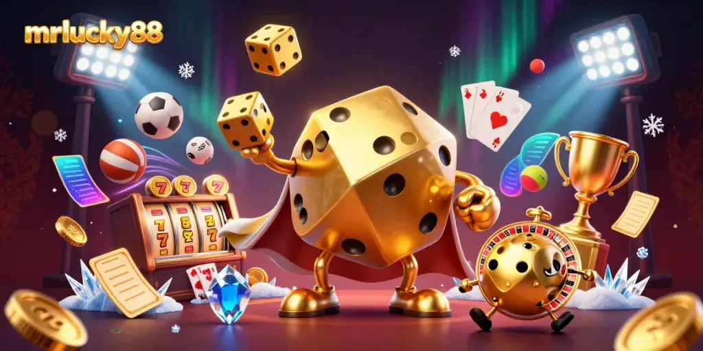 Experience thrilling gameplay with mrlucky88's dynamic golden dice golem, surrounded by vibrant casino elements.
