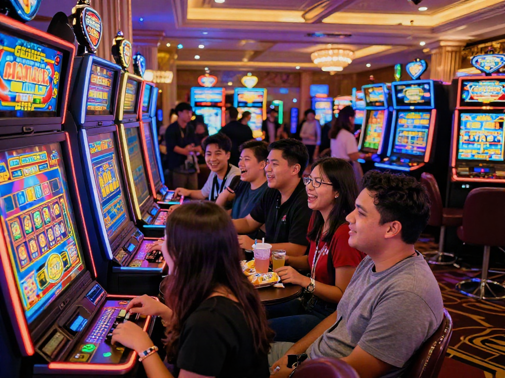 Group enjoying slot gacor malam ini at a lively casino, showcasing vibrant lights and excitement.