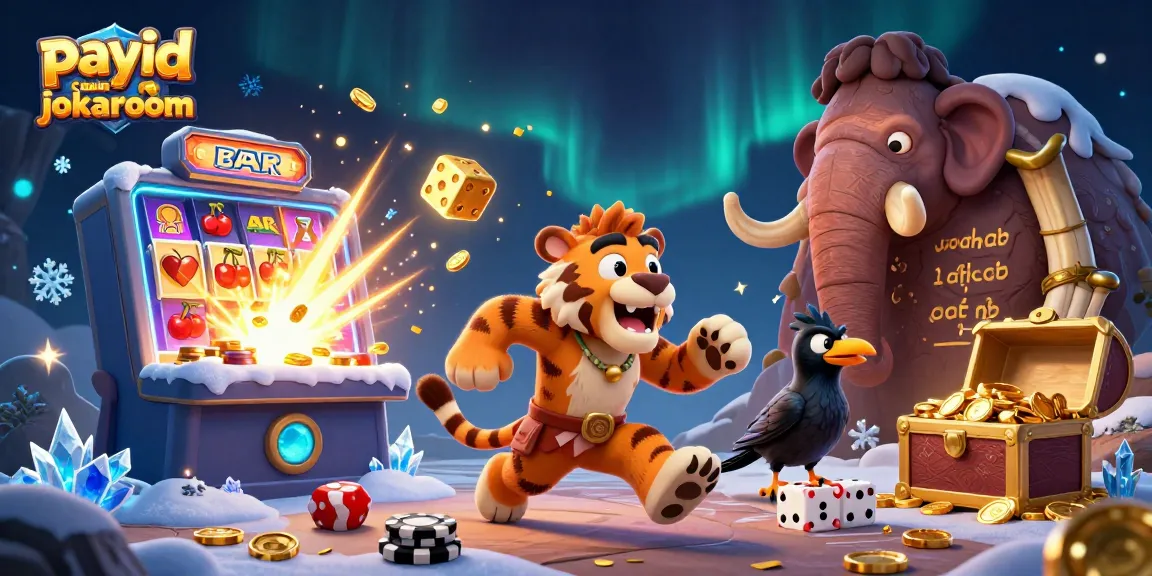 Experience fun at payid casino jokaroom with caveman and sabertooth characters in a vibrant casino scene.
