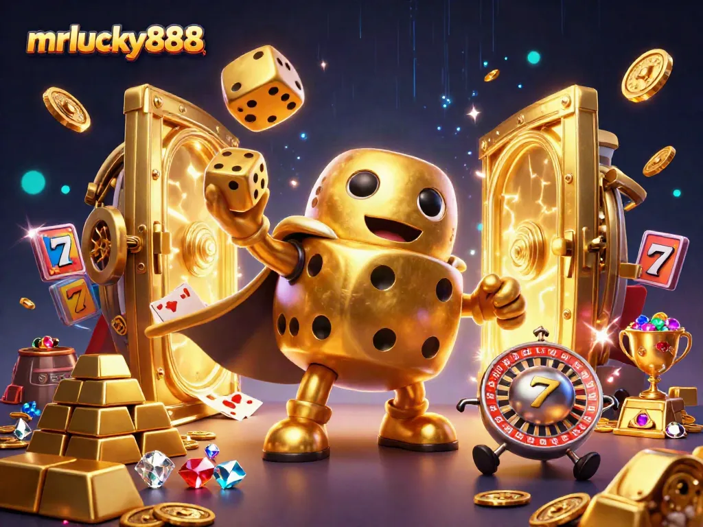 Engage with casino excitement at mrlucky888 with a dazzling scene of golden dice and rich rewards.