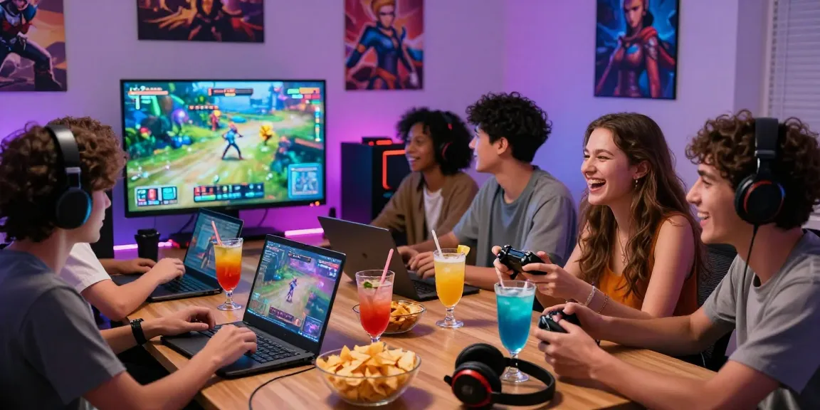 Play porn games with friends in a vibrant gaming setup featuring snacks, drinks, and multiple devices.