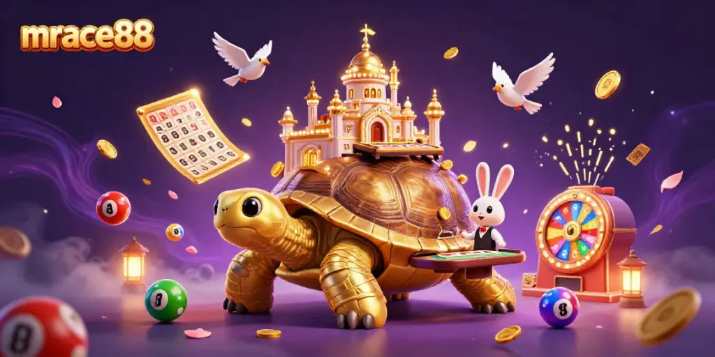 Win exciting prizes with mrace88 in a colorful 3D casino scene filled with vibrant game elements.