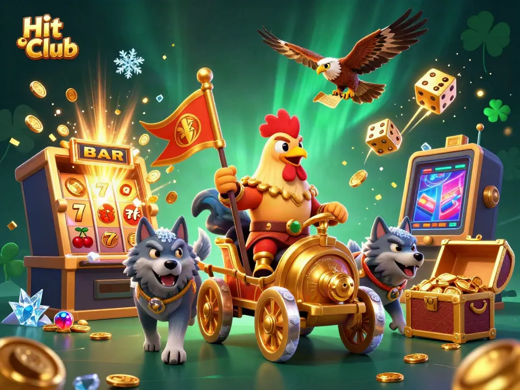 Spin to win at Hit Club with this majestic 3D illustration of a rooster warlord amidst exciting casino elements.