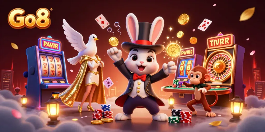 Engage with Go8 as a magician rabbit draws golden coins amid vibrant casino gaming elements.