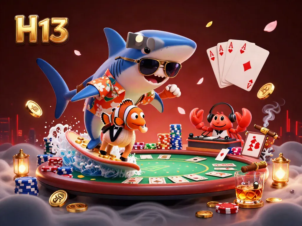 Experience H 13 shark riding a wave of gold coins with poker elements in a vibrant casino scene.