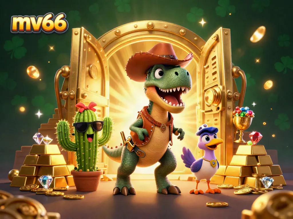 Spin to win with mv66 in this vibrant 3D casino scene featuring a cowboy dinosaur.