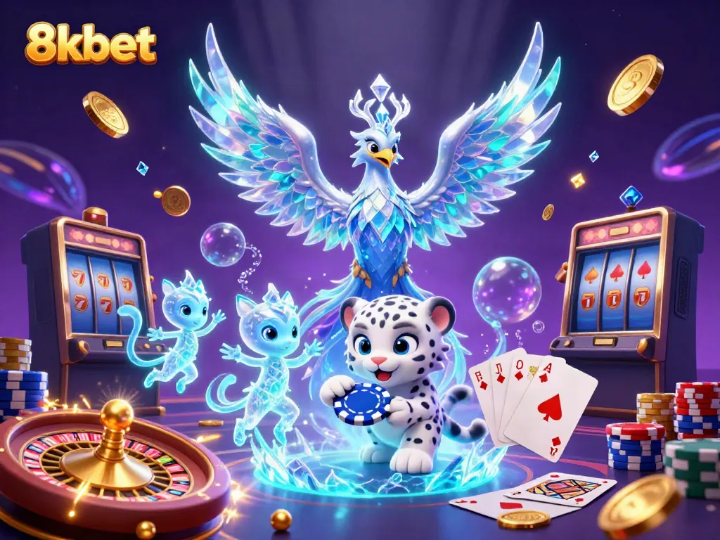 Experience the excitement of 8kbet with vibrant casino elements like an ice phoenix and poker chips.