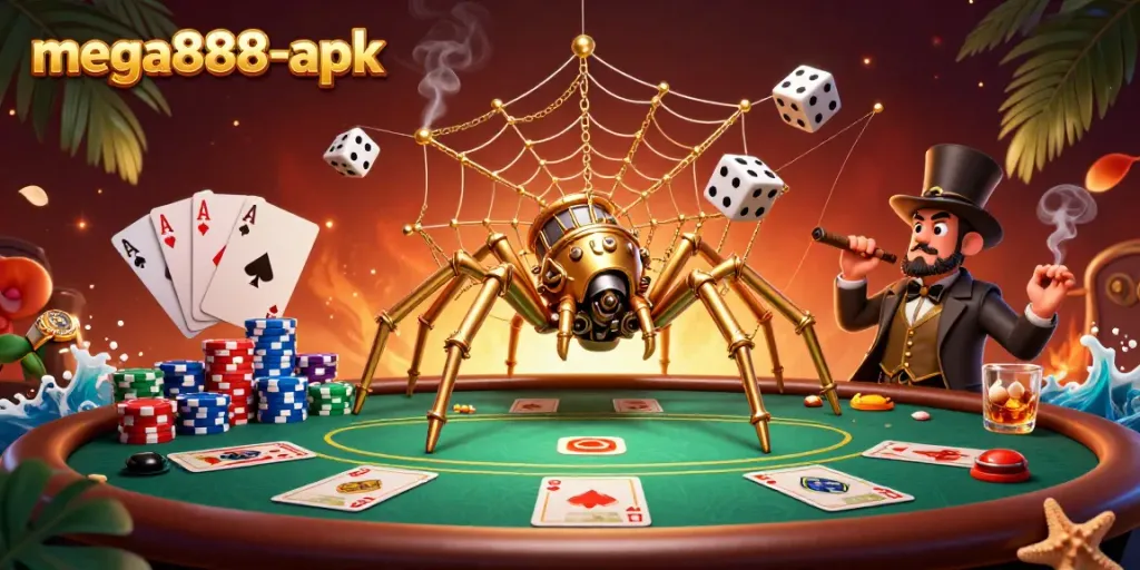 Win big with mega888-apk as the steampunk spider spins webs of poker chips and dice.