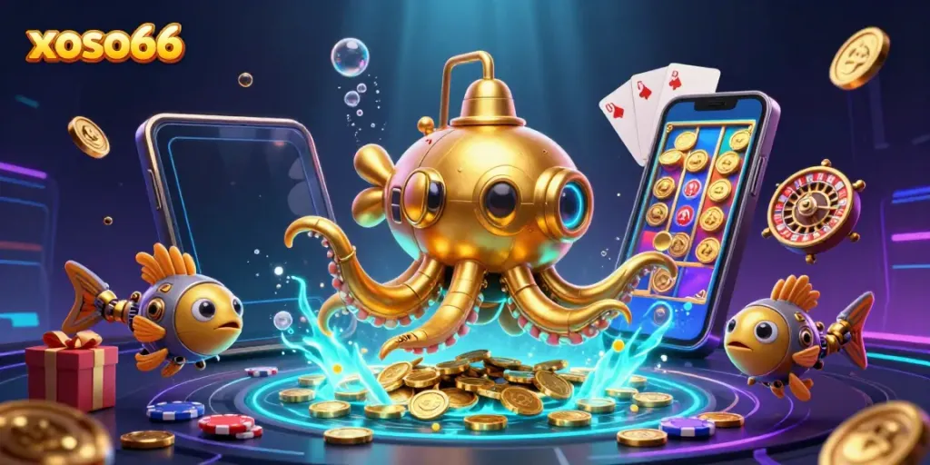 Xoso66 captures a thrilling scene with the golden kraken submarine and colorful slot game elements bursting with excitement.