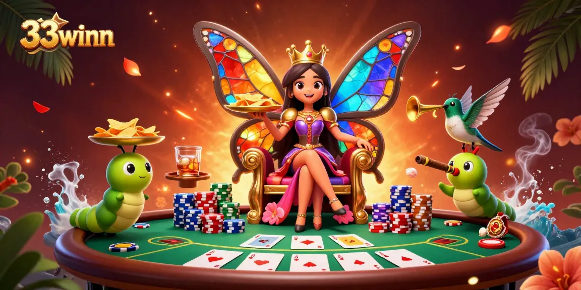 Experience the vibrant gaming world of 33winn with a dynamic poker scene surrounded by colorful casino elements.