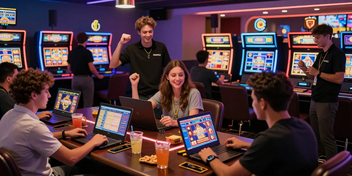 Exciting slot gacor gaming scene with players celebrating wins in a lively atmosphere