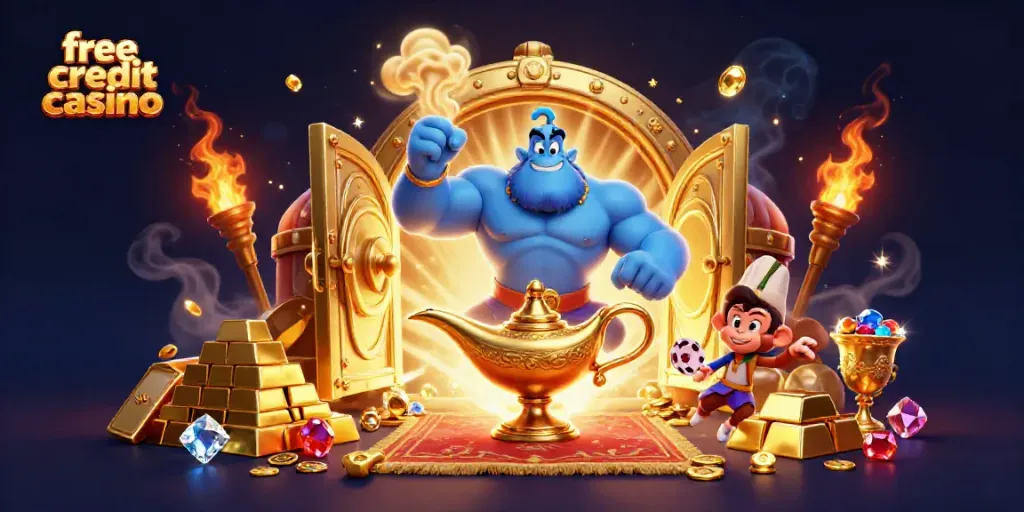 Experience excitement and wins at a free credit casino with a genie, monkey, and magical riches.