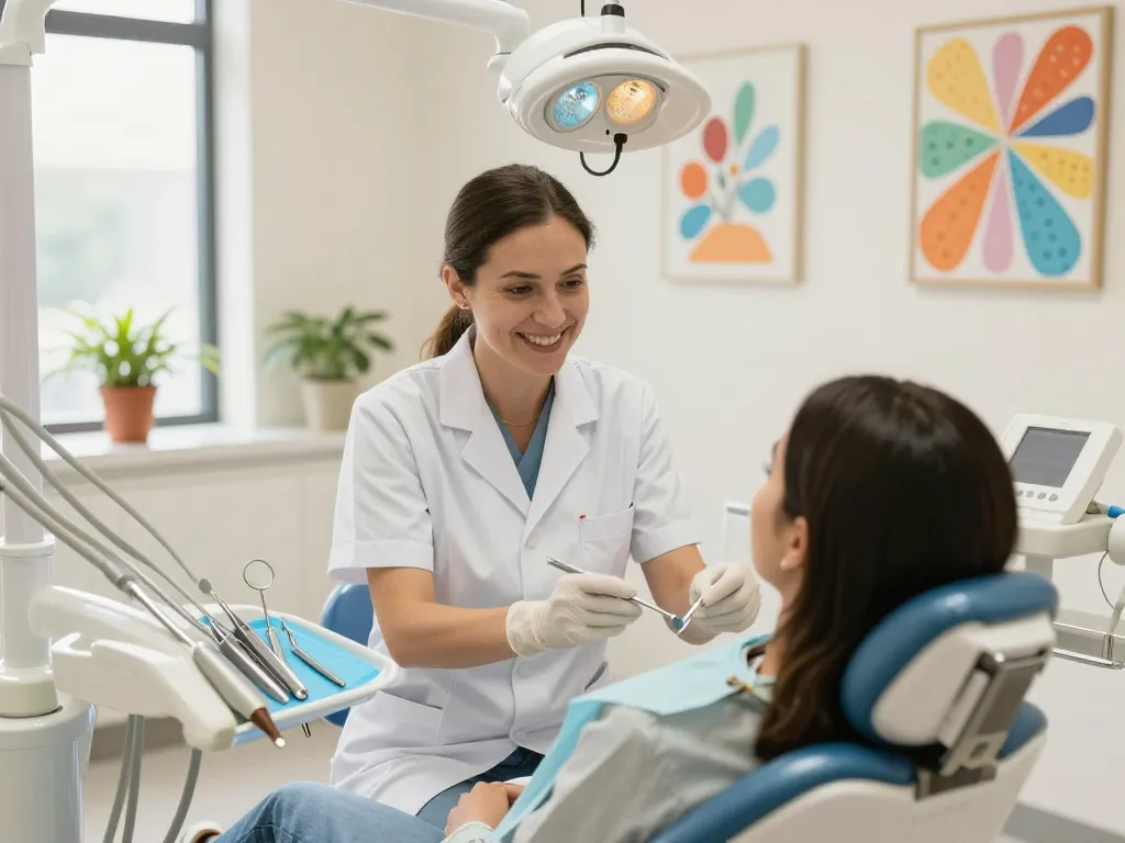 Dentist near me providing a friendly consultation in a modern dental office with bright lighting and warm atmosphere.