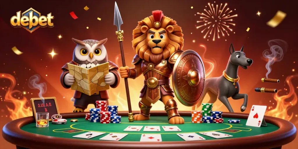 Experience debet gaming action as animated characters engage in poker amidst a vibrant celebration.