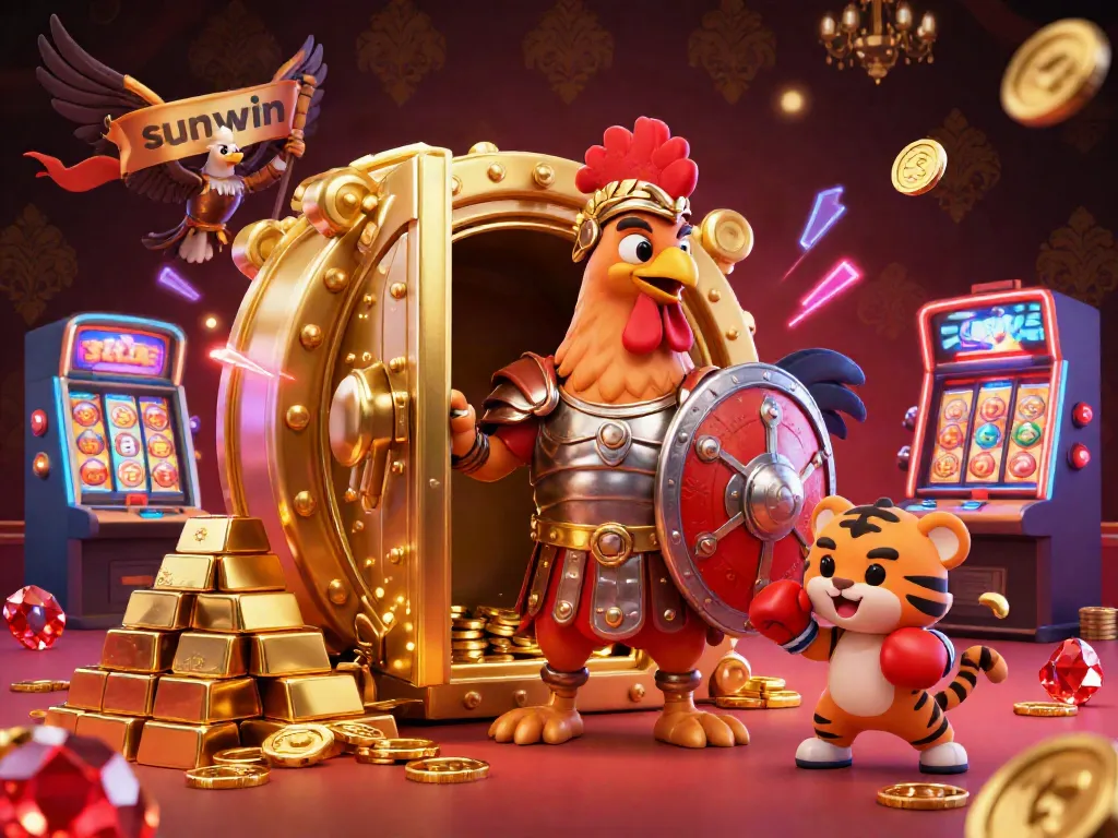 Experience the excitement of sunwin with an animated rooster in a dazzling casino world, surrounded by jewels and gold.