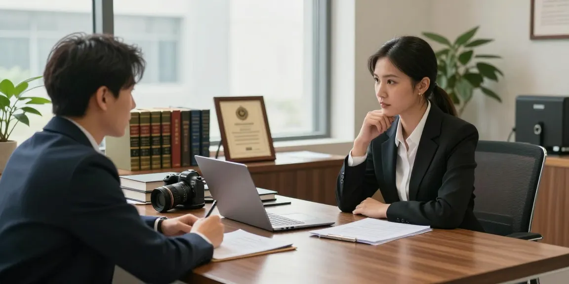 Criminal lawyer sharing insights at yahoo during a client consultation in a modern office.