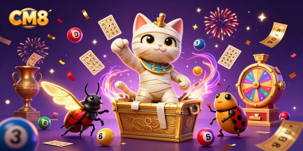 Engage in excitement with CM8 as a mummy cat and scarab beetle explore a vibrant casino.