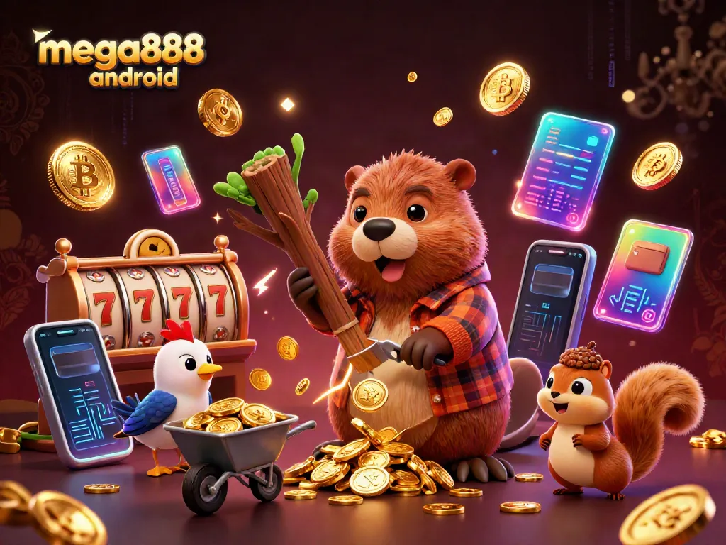 Engaging mega888 android illustration showcasing a beaver and companions collecting gold coins in a dynamic casino scene.