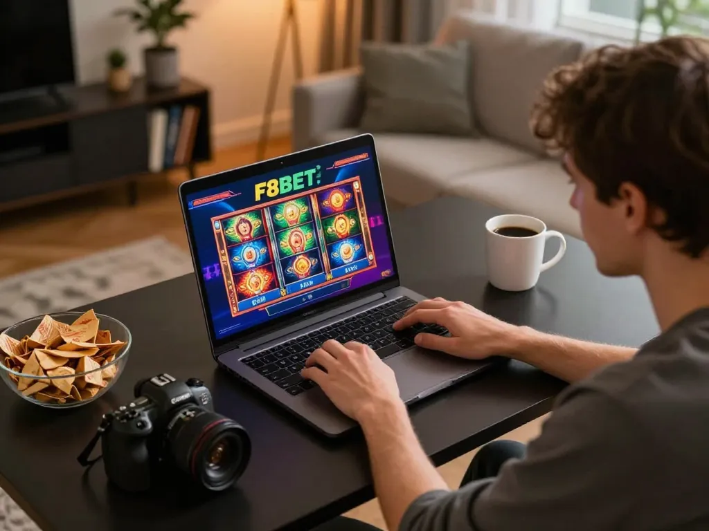 Engaging home gaming session at F8BET with a player using a laptop for online slots.