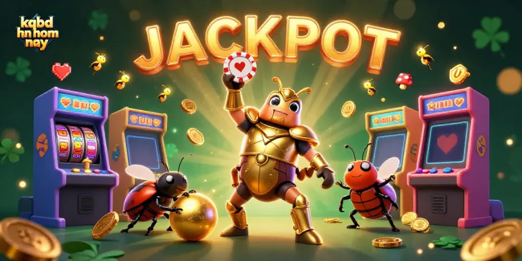 Experience kqbd hn hom nay through a vibrant 3D scene featuring a victorious beetle in golden armor and a jackpot celebration.