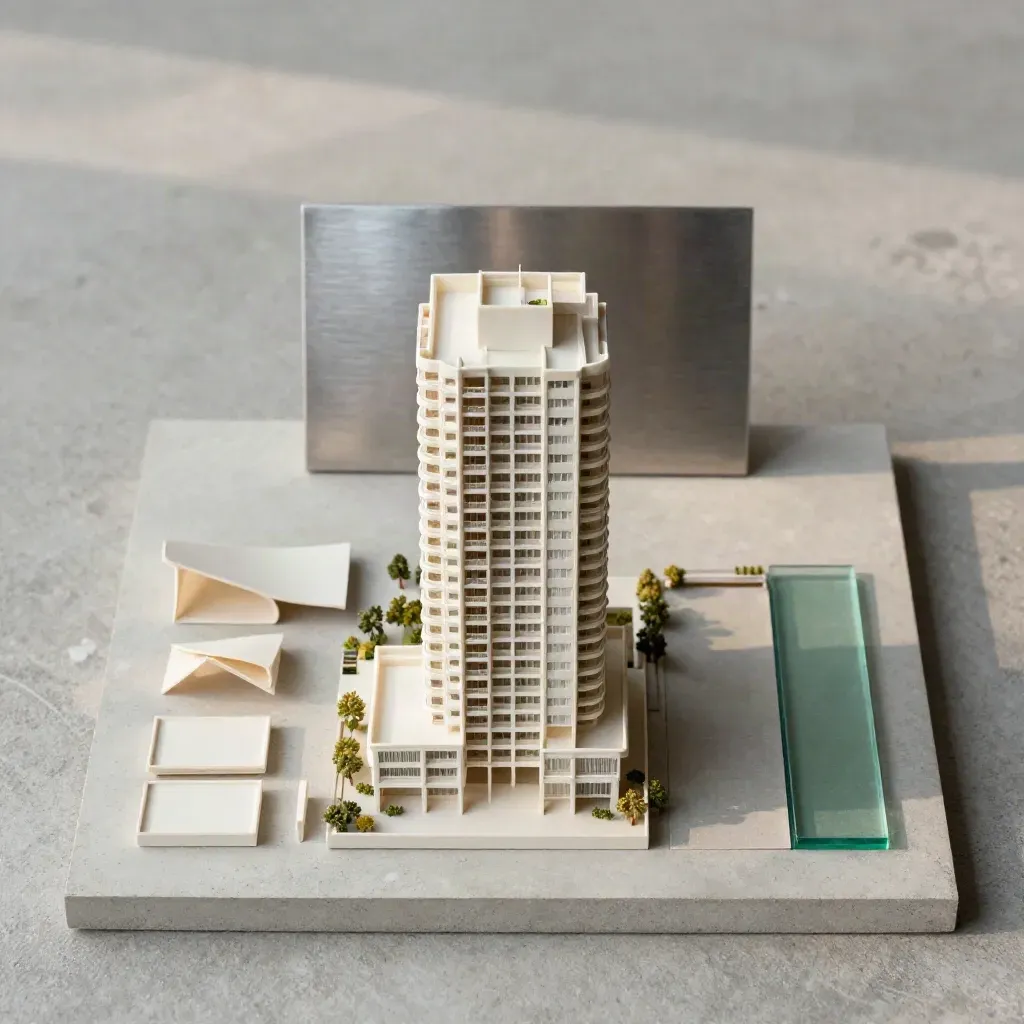 Model menara hartanah di atas slab konkrit dengan aksen hijau zamrud.