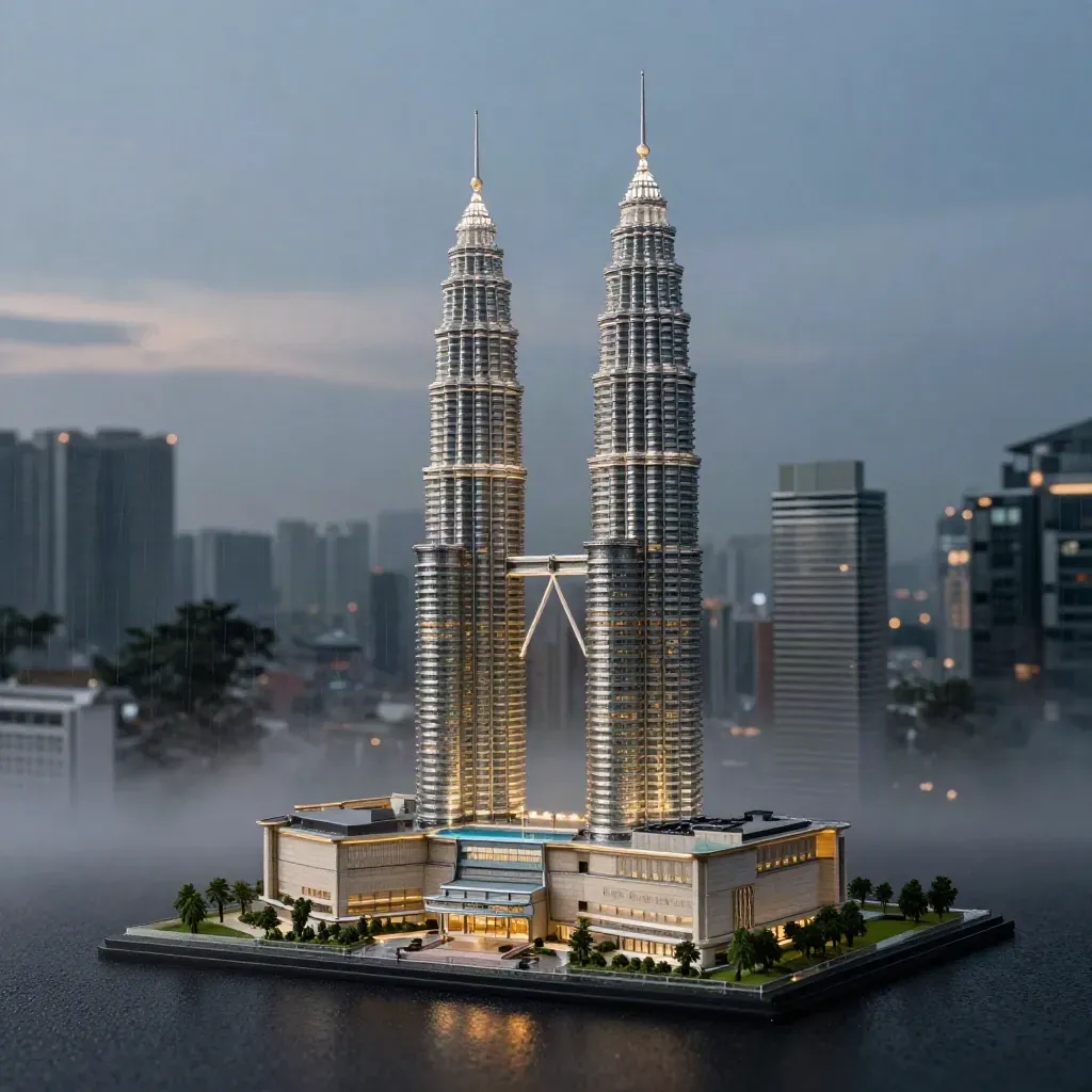 Model seni bina Skyline Suite KLCC dengan pantulan hujan dan cahaya biru senja.