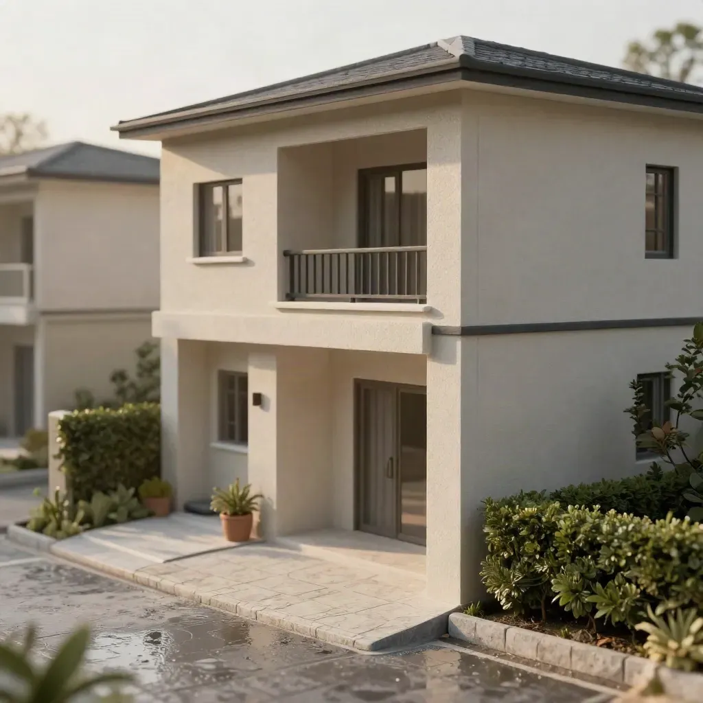Model rumah teres di atas pavers travertine basah dengan pagar hijau dan cahaya lembut.