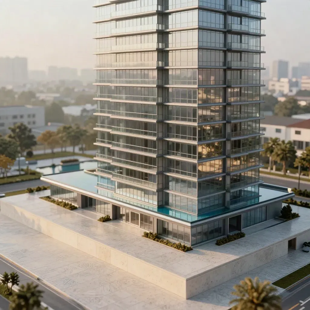 Model menara kondominium Cyberjaya atas batu travertin dengan kolam kecil dan kabus pagi.