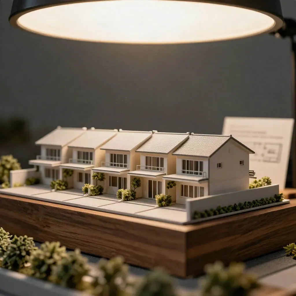 Model rumah teres plaster matte dengan paver masuk, blok pagar hijau dan alas kayu gelap.