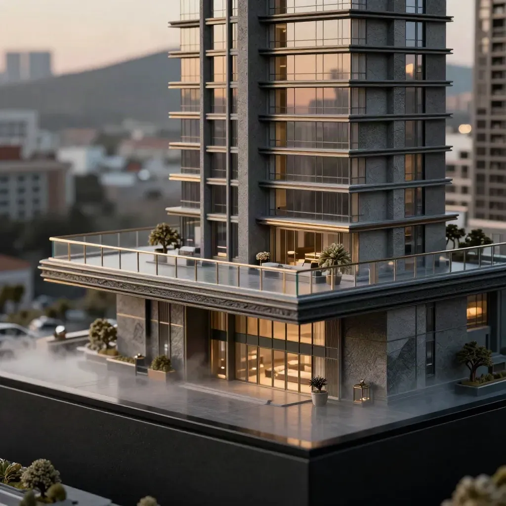 Model penthouse sudut dengan teres kaca di atas plinth hitam, disimbah rim light emas dan kabus senja.