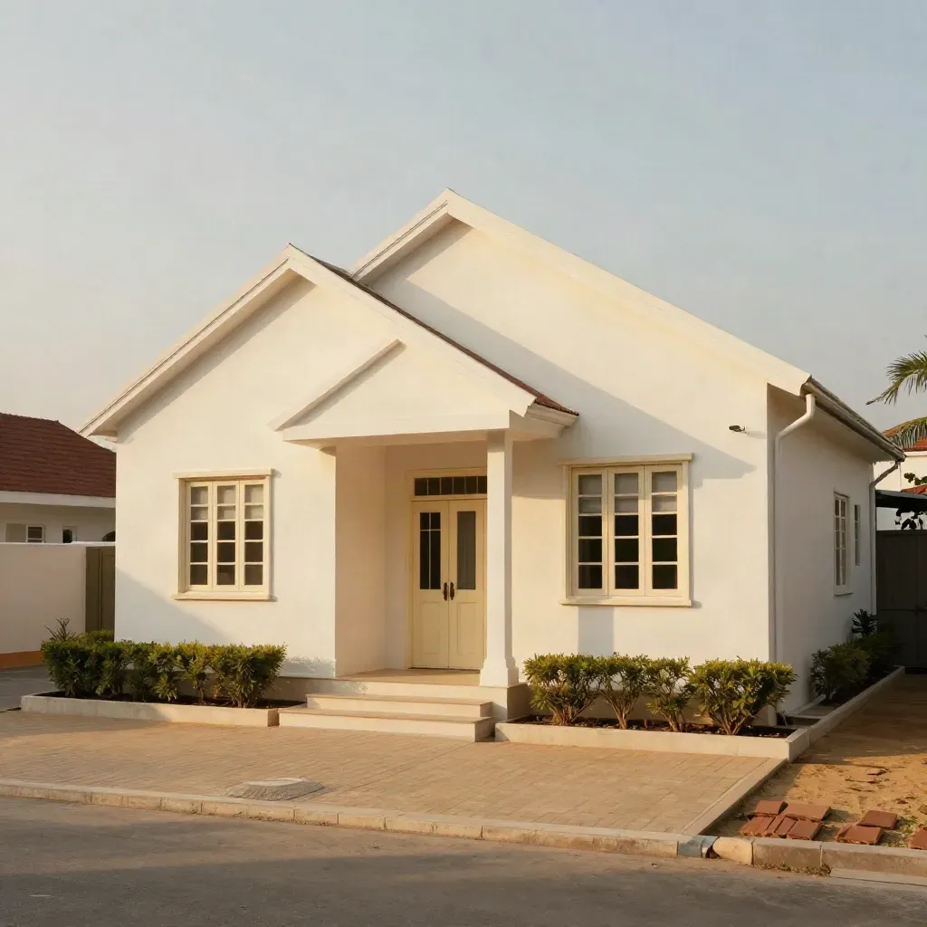 Model rumah mampu milik Melaka berplaster pucat di atas permukaan pasir, gaya studio mewah.