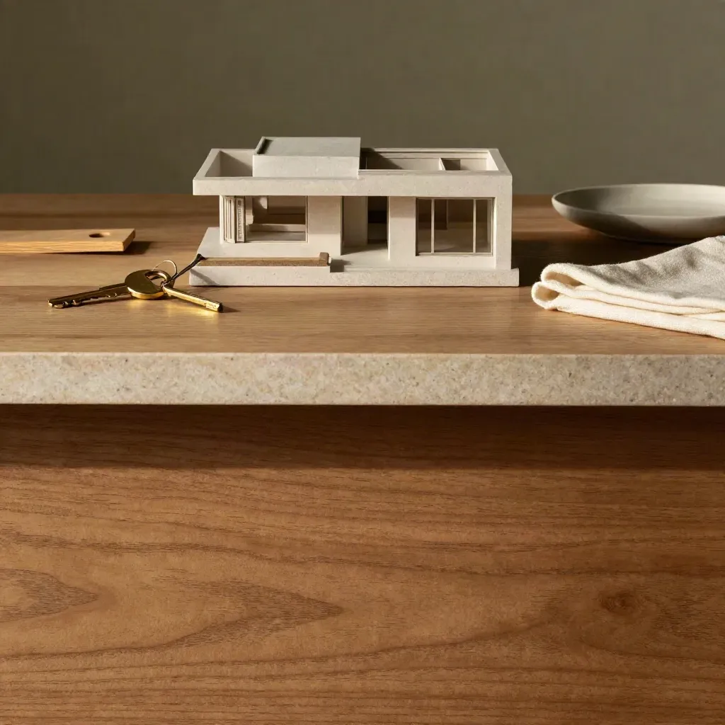 Model rumah teres kecil, kunci loyang dan permukaan kayu oak berlampu lembut