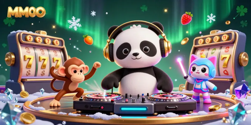 MMOO engages players in a vibrant casino scene featuring a DJ panda, dancing monkey, and glowing kitten.