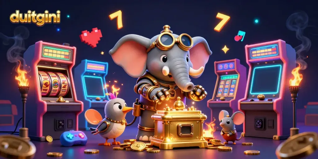 Engage with the duitgini slot experience in a vibrant steampunk world featuring a mechanical elephant.