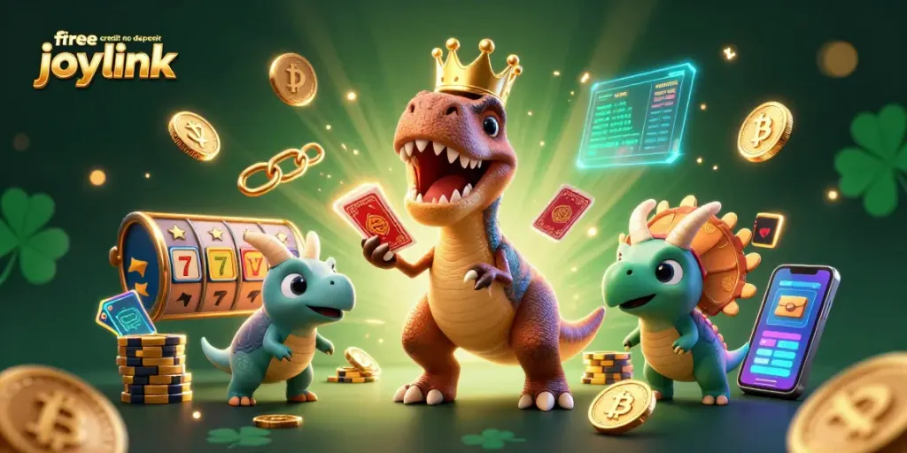 Engage with free credit no deposit joylink through a dynamic casino-themed 3D scene featuring fun characters.
