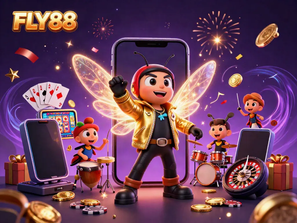 Experience the thrill of FLY88 with a vibrant casino atmosphere featuring a cicada rock star and exciting game elements.