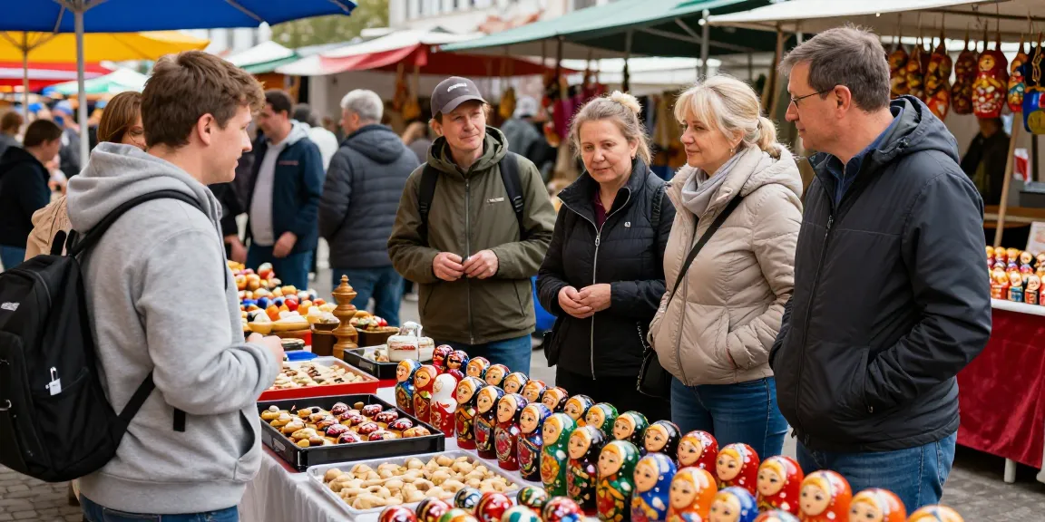 Pelancong menggunakan https://payinrussia.com/ untuk membayar barang tradisional di pasar Rusia.