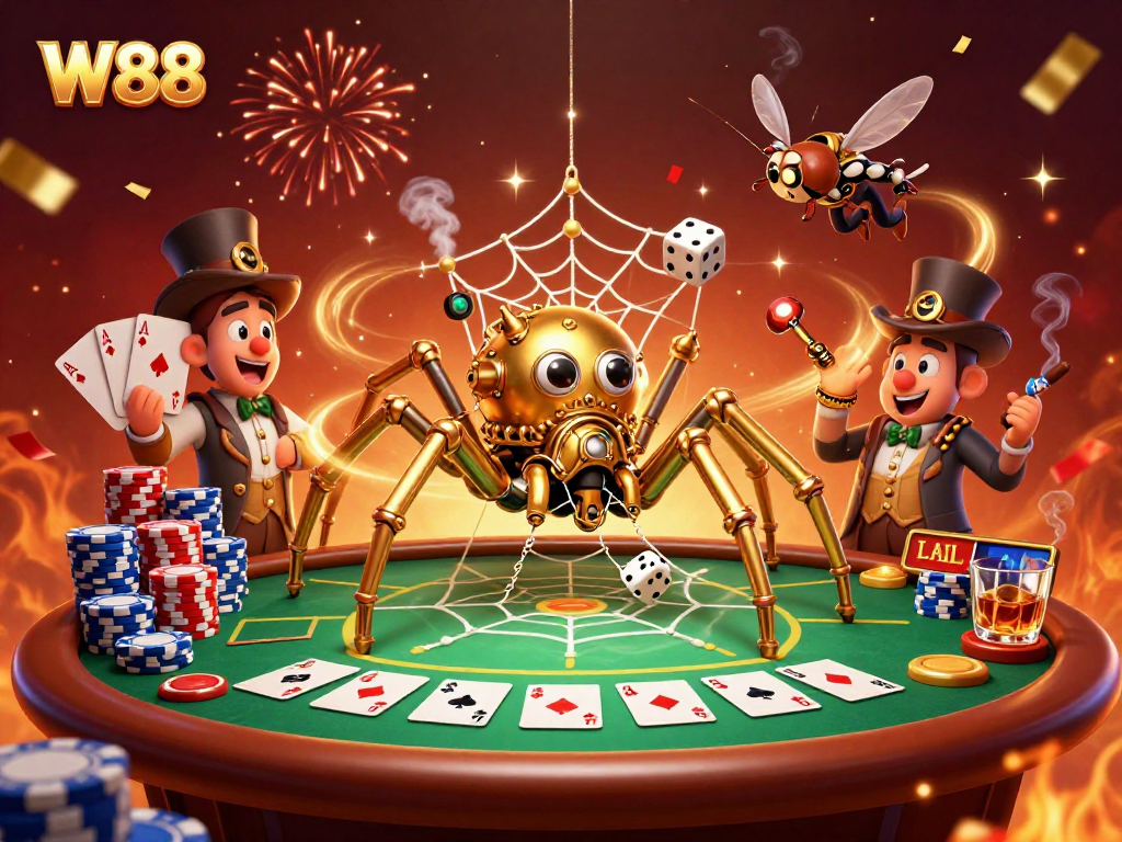 W88's lively casino scene captures a steampunk spider catching dice in a web of poker chips.