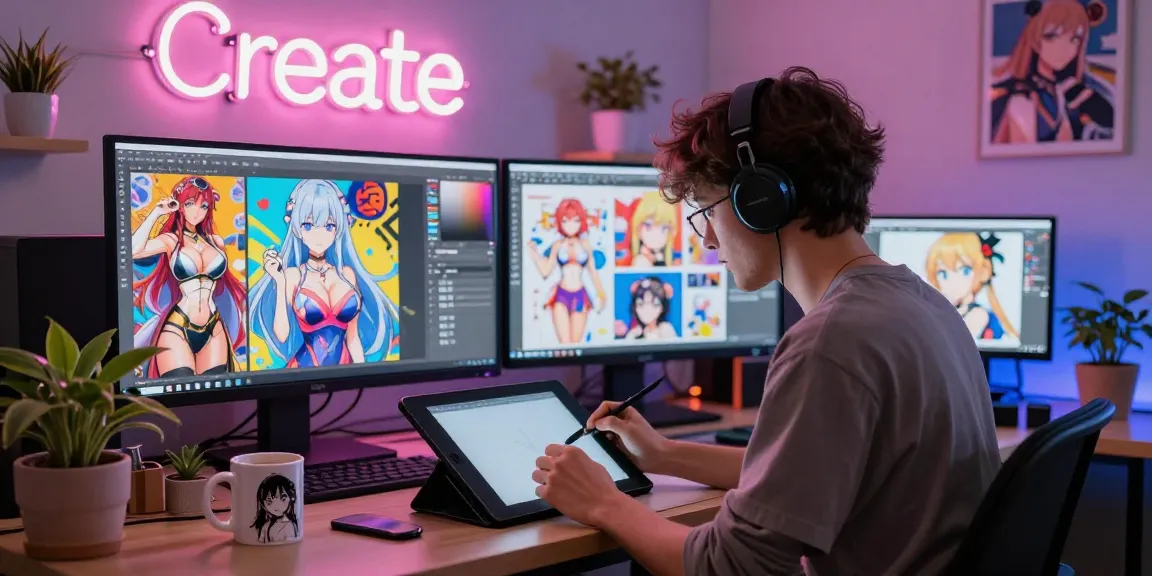 Character artist in digital studio creating vibrant ai ecchi art.
