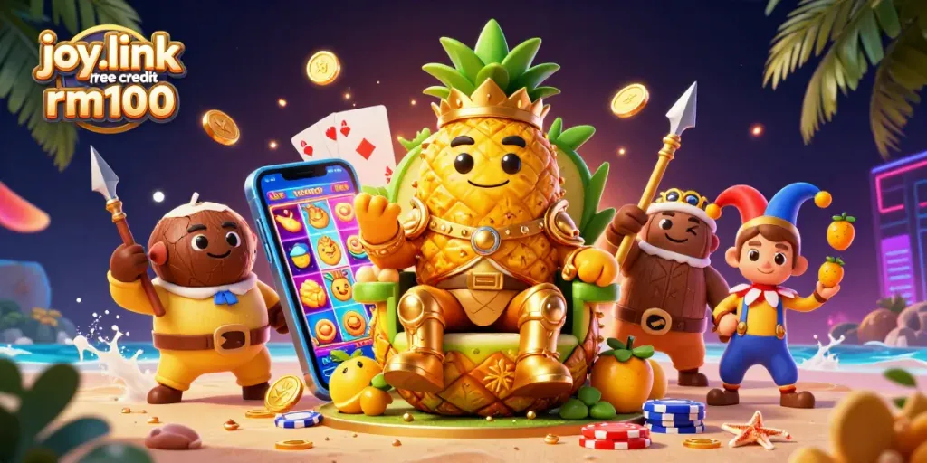 Experience the thrill of joy.link free credit rm100 with a vibrant casino-themed beach illustration showcasing exciting gaming elements.