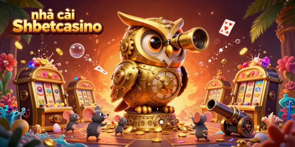 Experience the thrill at nhà cái shbetcasino with a vibrant casino scene featuring a golden owl and treasure-filled gaming.