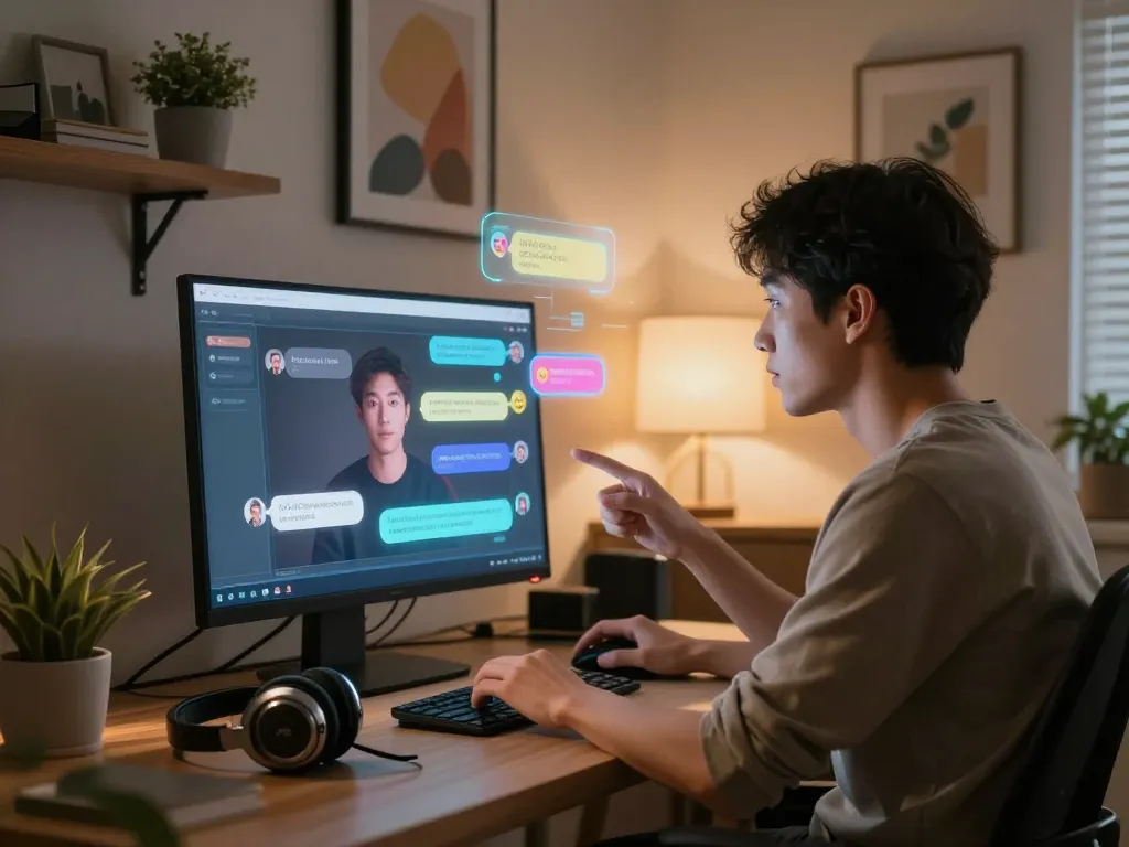 User enjoying engaging ai sex chat with a digital avatar in a modern home office setting.